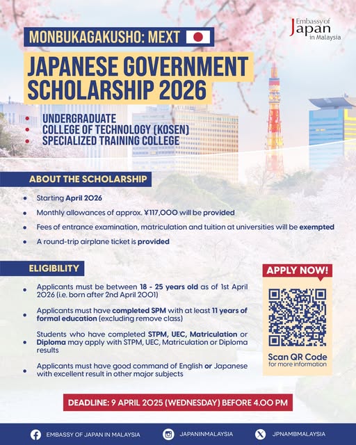 Biasiswa Kerajaan Jepun (Monbukagakusho: MEXT)